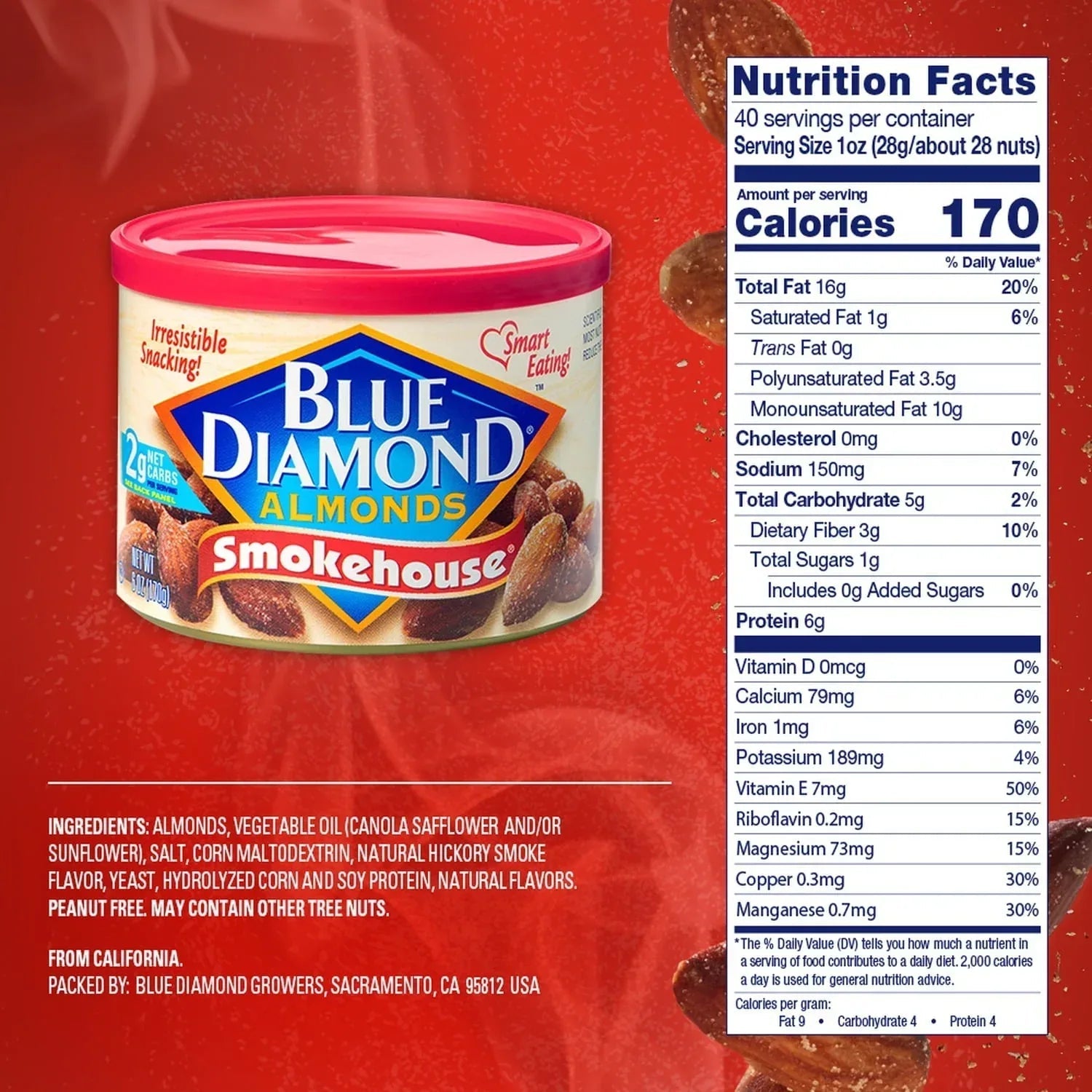 Blue Diamond Almonds, Classic Smokehouse Flavored Healthy Snack Nuts Perfect for Snacking and On-The-Go, 6 oz