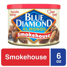 Blue Diamond Smokehouse almond snack tub, red lid and brown spiced almond kernels