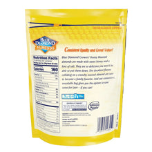 Resealable bag of Blue Diamond honey-roasted almonds, nutrition facts panel
