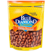 Resealable bag of Blue Diamond honey-roasted almonds, whole nut pieces