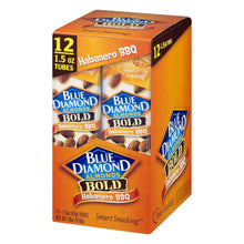 Blue Diamond Bold Habanero BBQ almond tubes box, 12 count, angled view