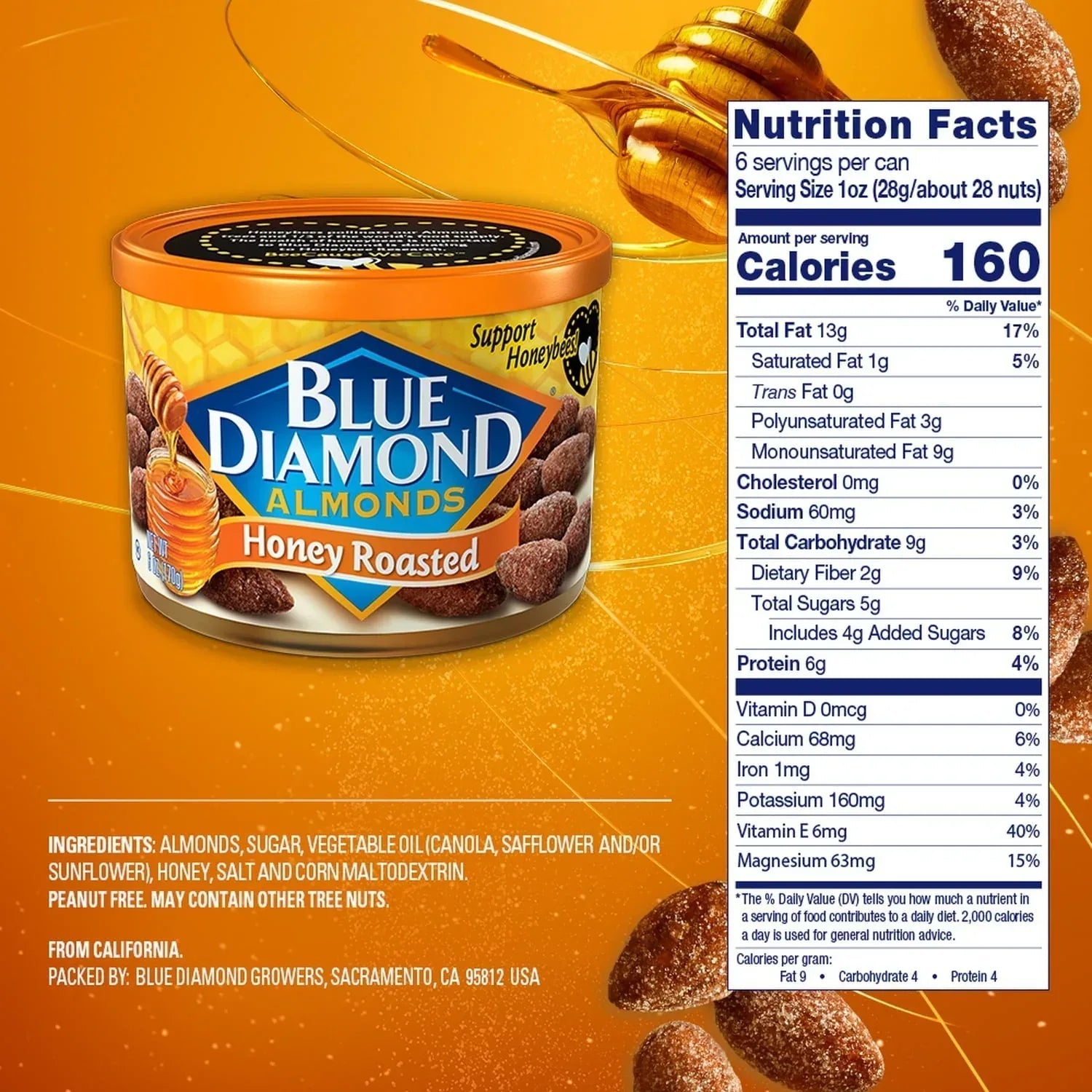 Blue Diamond Almonds Honey Roasted Flavored Snack Nuts perfect for snacking and on-the-go, 6 oz