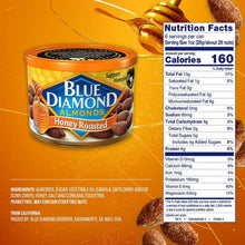 Honey roasted almonds tub with Nutrition Facts panel on side