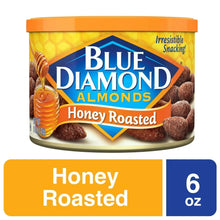 Blue Diamond almonds honey roasted snack nuts in 6 oz tub, front label view