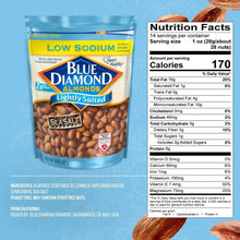 Low sodium lightly salted almond snack bag with nutrition facts panel