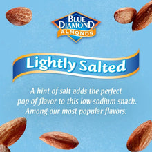 Lightly salted almond snack package front with scattered almonds and Blue Diamond logo