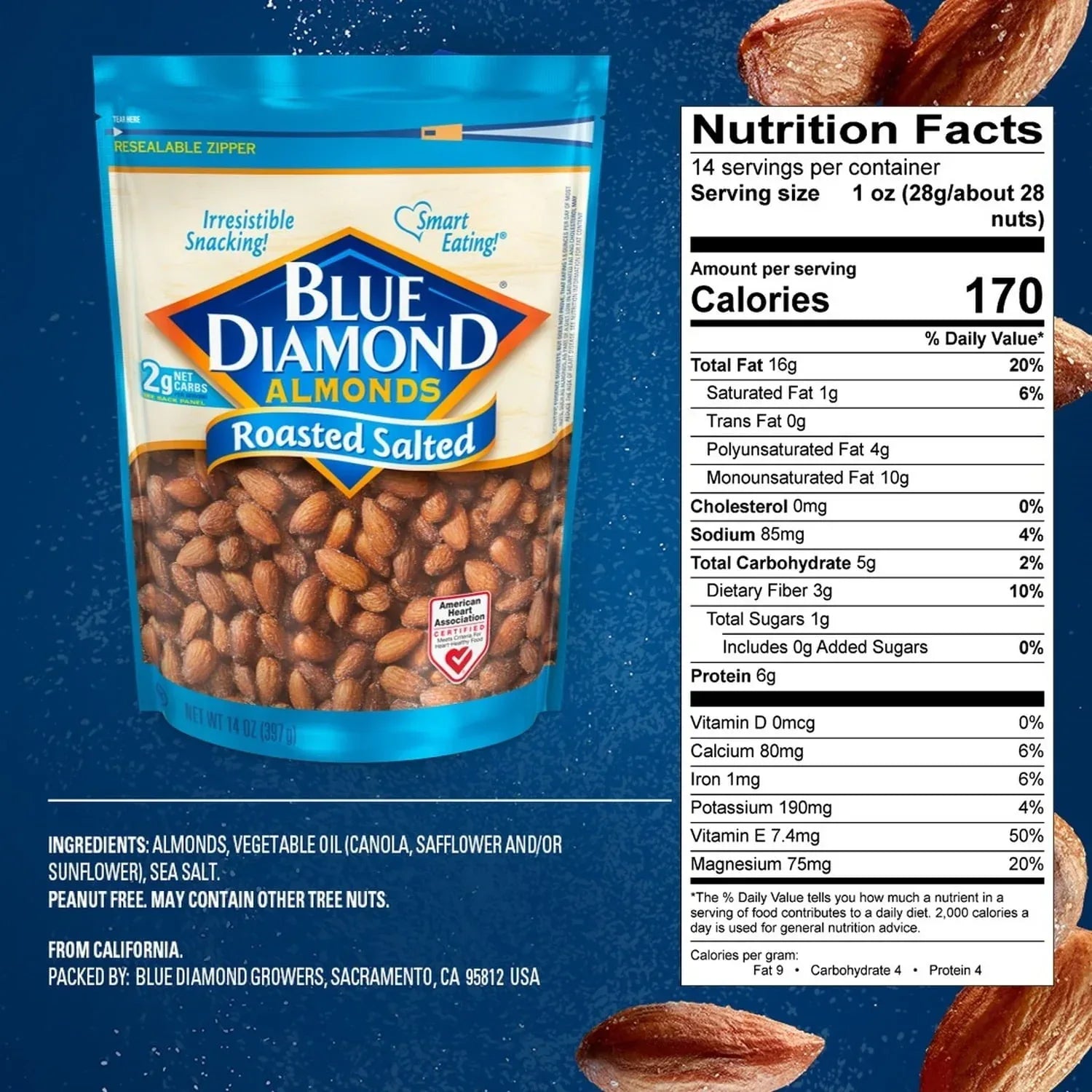 Blue Diamond Almonds, Roasted Salted Flavored Snack Nuts Perfect for Snacking, 14 oz