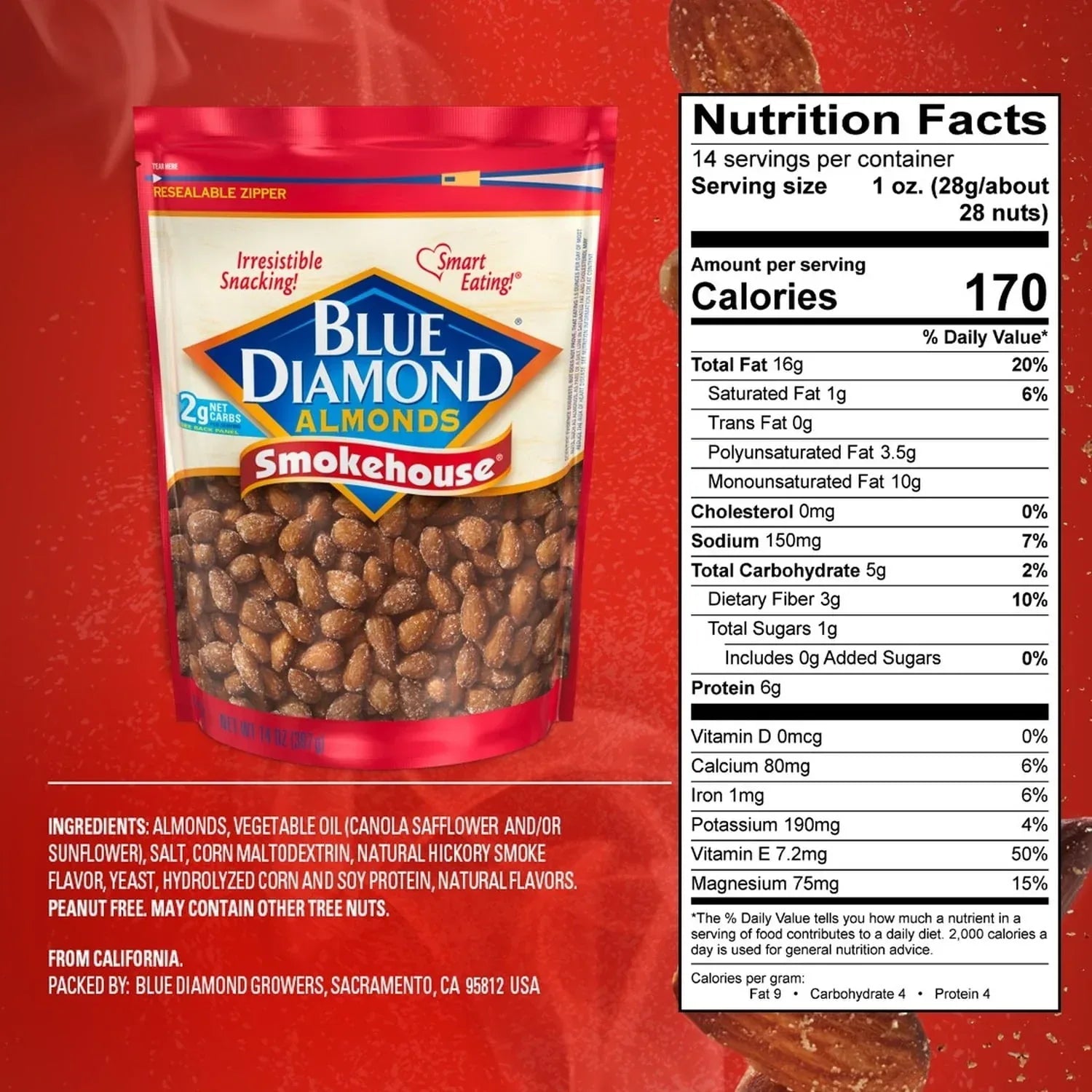 Blue Diamond Almonds, Smokehouse Flavored Snack Nuts Perfect for Snacking, 14oz Resealable Bag