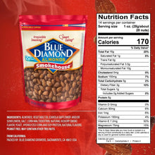Smokehouse almond nutrition facts panel on 14 oz bag