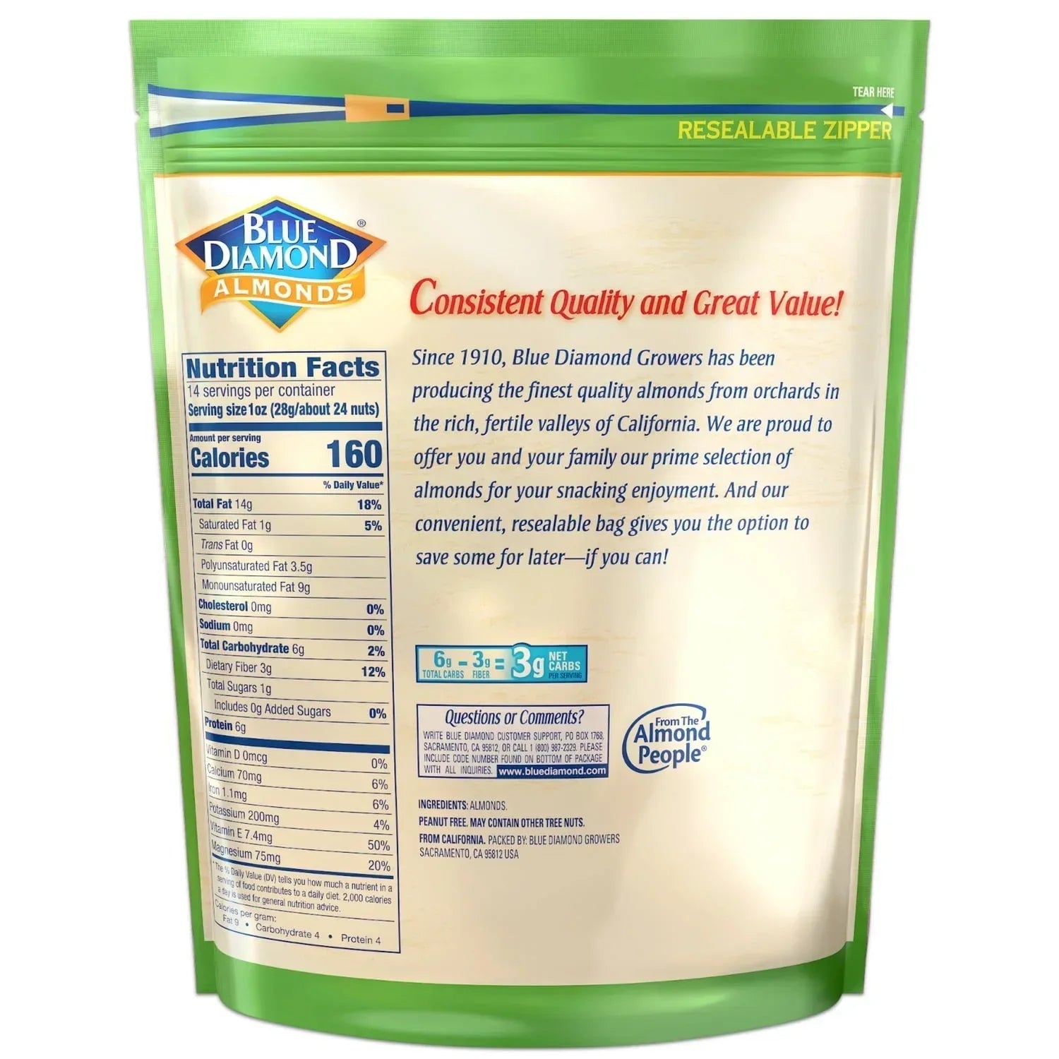 Blue Diamond Almonds, Whole Natural Raw Almonds, 14 oz
