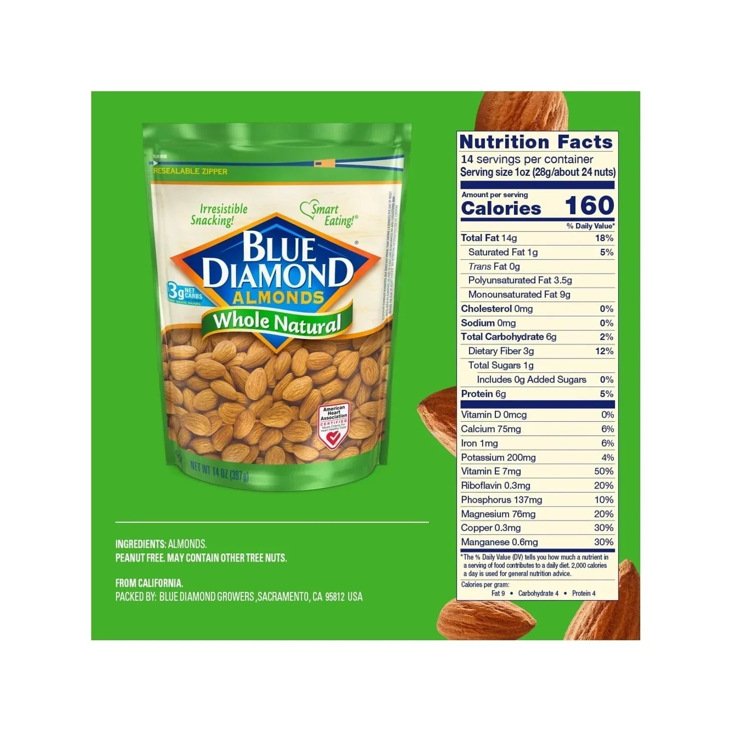 Blue Diamond Almonds, Whole Natural Raw Almonds, 14 oz