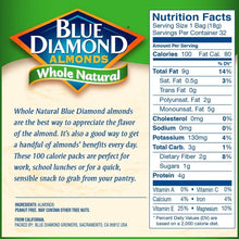 Blue Diamond whole natural almonds package front with logo and nutrition information