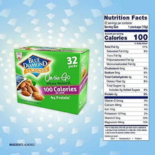 Blue Diamond 32-pack whole natural almonds box with 100 calories per pack label