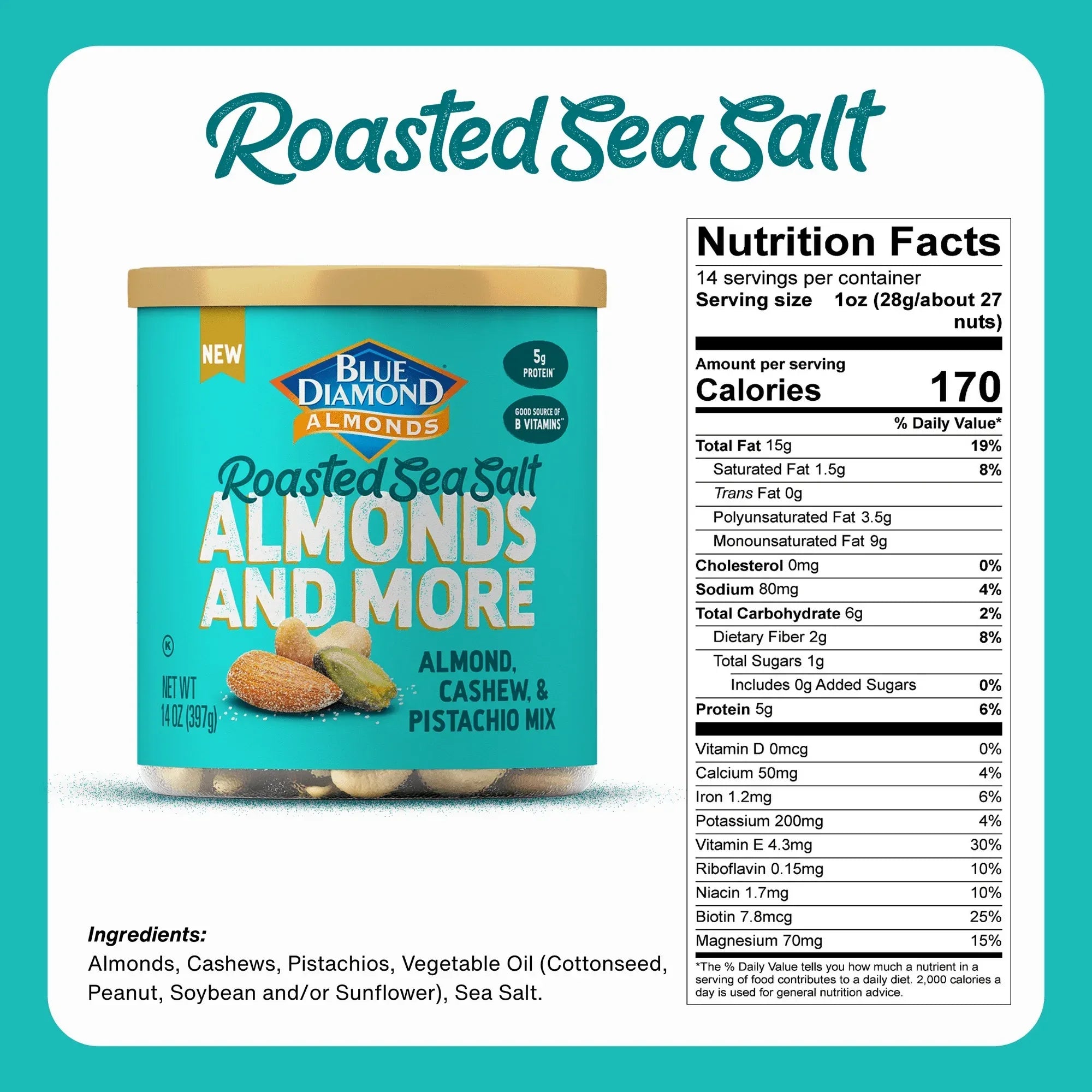 Blue Diamond Almonds and More, Roasted Sea Salt Mixed Nuts with Almonds, Cashews and Pistachios for Snacking, 14 oz.