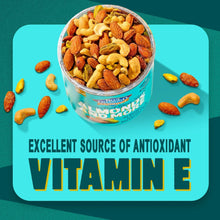 Mixed nuts in a tub with almonds, cashews, and pistachios, vitamin E text