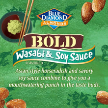 Blue Diamond Bold Wasabi & Soy Sauce flavored almonds with wasabi dip and chopsticks