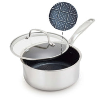 Stainless steel saucepan with lid and side handles, dark nonstick cooking surface