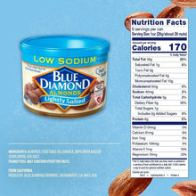 Low sodium lightly salted almonds can with Nutrition Facts panel