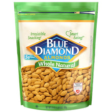 Resealable green bag of whole natural raw Blue Diamond almonds with whole almond kernels.