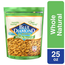 Whole natural raw almonds in a resealable green bag, filled with whole almonds.