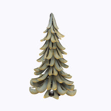 Metal cedar tree garden accent, teal-blue and gray layered segments, centered on white background