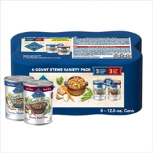 Wet dog food variety pack box with three cans, Blue's Stew and Country Chicken
