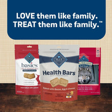 Three Blue Buffalo treat bags lined up, including Health Bars biscuits