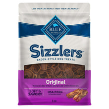 Blue Buffalo Sizzlers bacon-style dog treat bag, 6 oz, purple/blue with pork treats