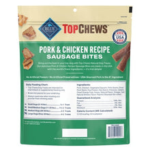 Back of Top Chews pork & chicken recipe dog treat pouch with feeding directions