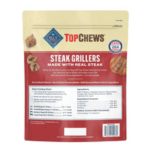 Dog treat bag, Blue TopChews Steak Grillers back panel with feeding info