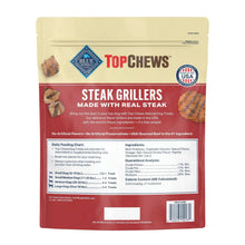 Blue Top Chews Steak Grillers dog treat pouch back panel with feeding chart.