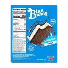 Blue Bunny vanilla sandwich nutrition facts panel with sandwich graphic and drizzle.