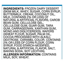 Ingredients label for frozen dairy dessert ice cream sandwiches, vanilla; includes milk, soy, wheat.