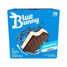 Frozen dessert ice cream sandwich box, Blue Bunny vanilla, 18 count.