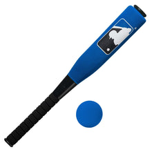 Blue foam baseball bat with textured black handle and foam ball