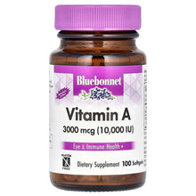 Vitamin A dietary supplement bottle with purple cap, Bluebonnet label, 100 softgels