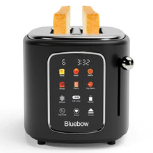 Black 2-slice toaster with touchscreen control panel, chrome knob, and wide slots