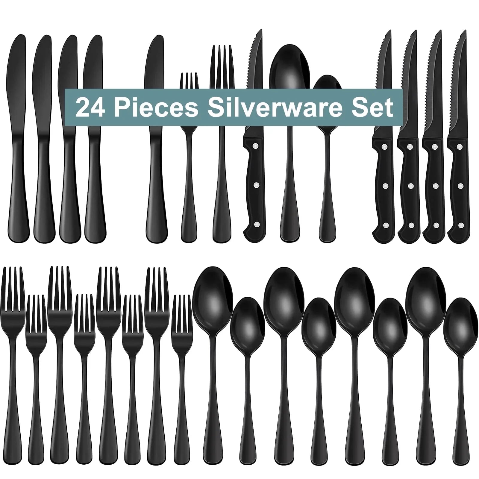 Bluebow Black Silverware Set with Steak Knives, Flatware Cutlery Set for 4, Food-Grade Stainless Steel Kitchen Tableware Set
