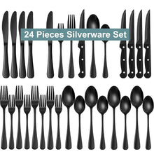 Black stainless steel flatware set with steak knives, forks, and spoons (24-piece)