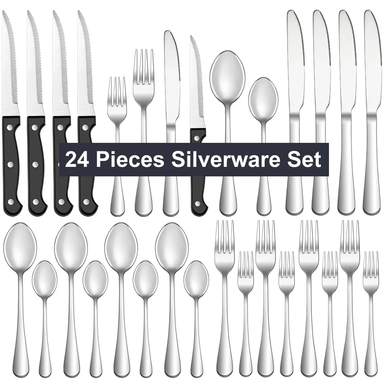 Bluebow Silverware Set with Steak Knives, Flatware Cutlery Set for 4, Food-Grade Stainless Steel Kitchen Tableware Set