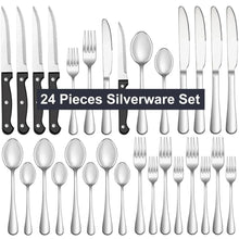 Stainless steel silverware set with steak knives, forks, spoons, and serving utensils (24 pcs)