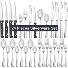 Stainless steel 24-piece silverware set with steak knives and black handles