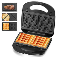 Black 3-in-1 sandwich and waffle maker with open non-stick plates, waffle grid