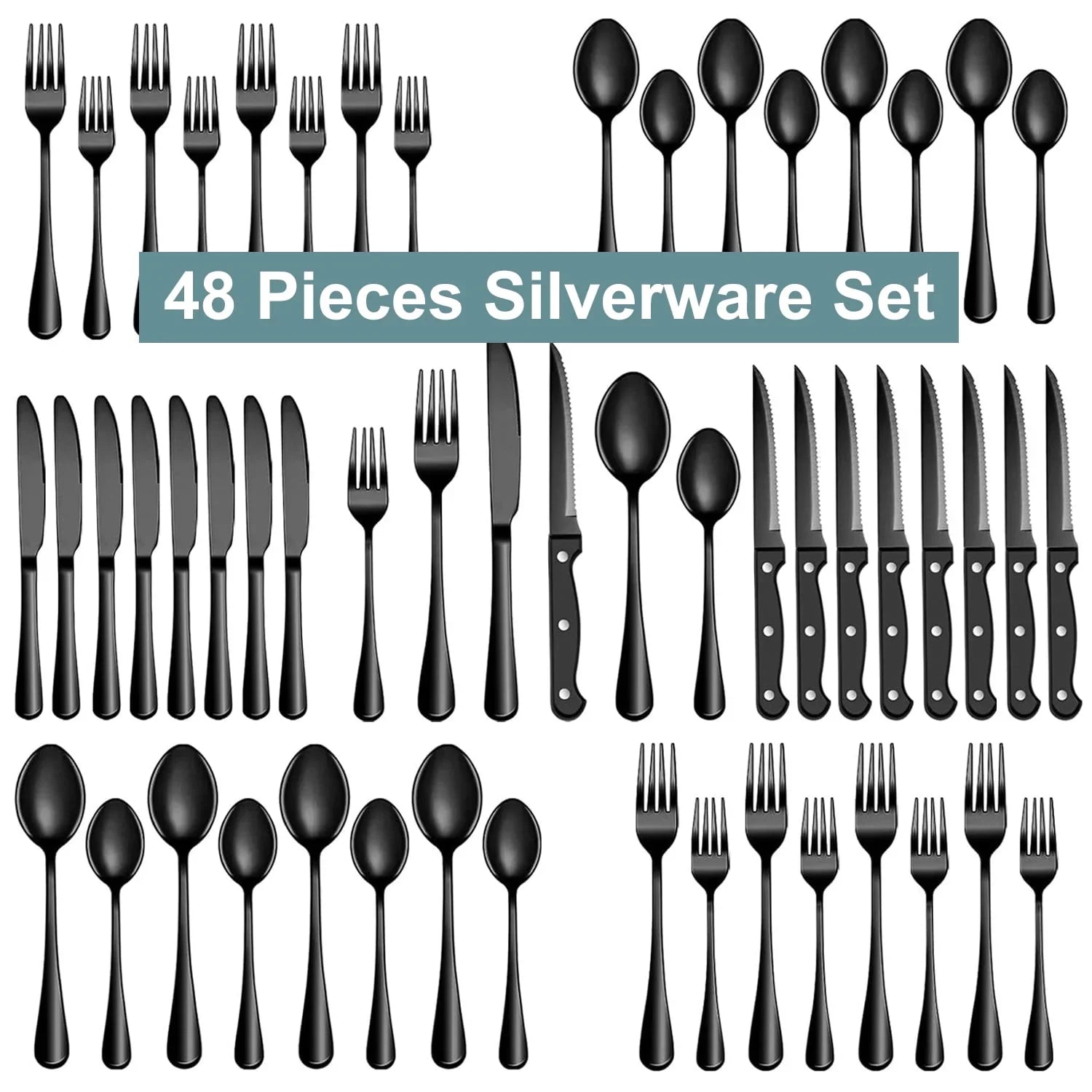 Bluebow Black Silverware Set with Steak Knives, Flatware Cutlery Set for 4, Food-Grade Stainless Steel Kitchen Tableware Set