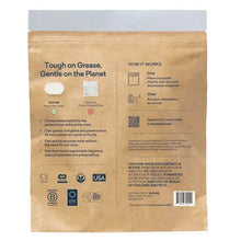 Dishwasher detergent tablet pouch back panel with usage and warning text
