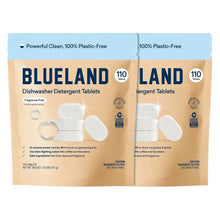Dishwasher detergent tablet pouch, fragrance-free, with visible tablet photos
