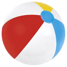 Inflatable beach ball with red, white, yellow, and blue panels and blue valve