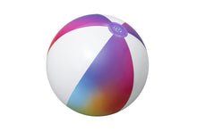 Small rainbow inflatable beach ball, white with purple valve and multi-color panels.