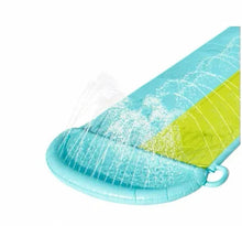 Light blue double-lane water slide with lime-green center and sprinkler outlet ring