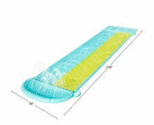 Light blue double-lane water slide with lime-green lane and rounded front handle loop